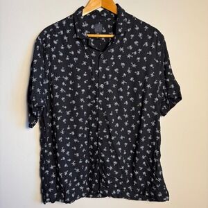 H&M Mens Black Palm Tree Print Short Sleeve Button Up Shirt XL Resort Dad Cruise